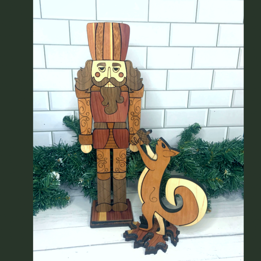 Wooden Nutcracker and Squirrel With Acorn Holiday Décor