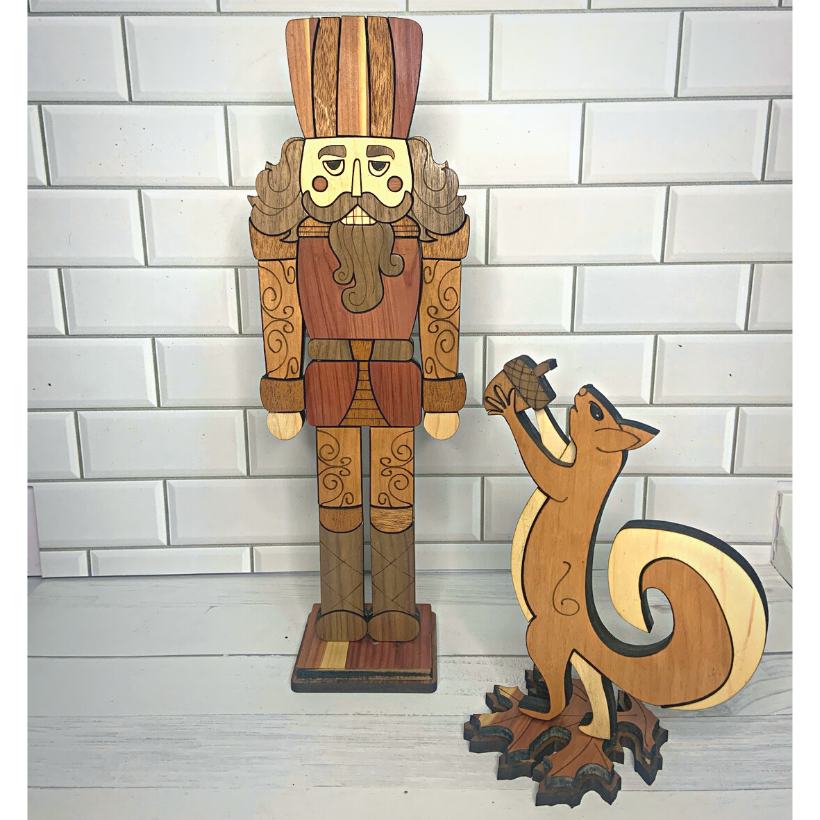 Wooden Nutcracker and Squirrel With Acorn Holiday Décor